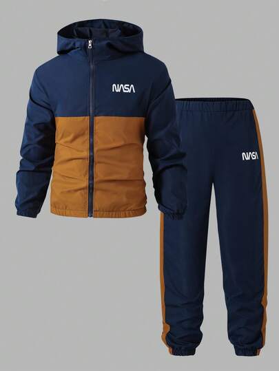 Vacaura 2pcs/Set Teen Boys Street Cool Hooded Jacket & Casual Pants Set, Navy Blue & Orange Patchwork, Zipper, Suitable For Teens/Students