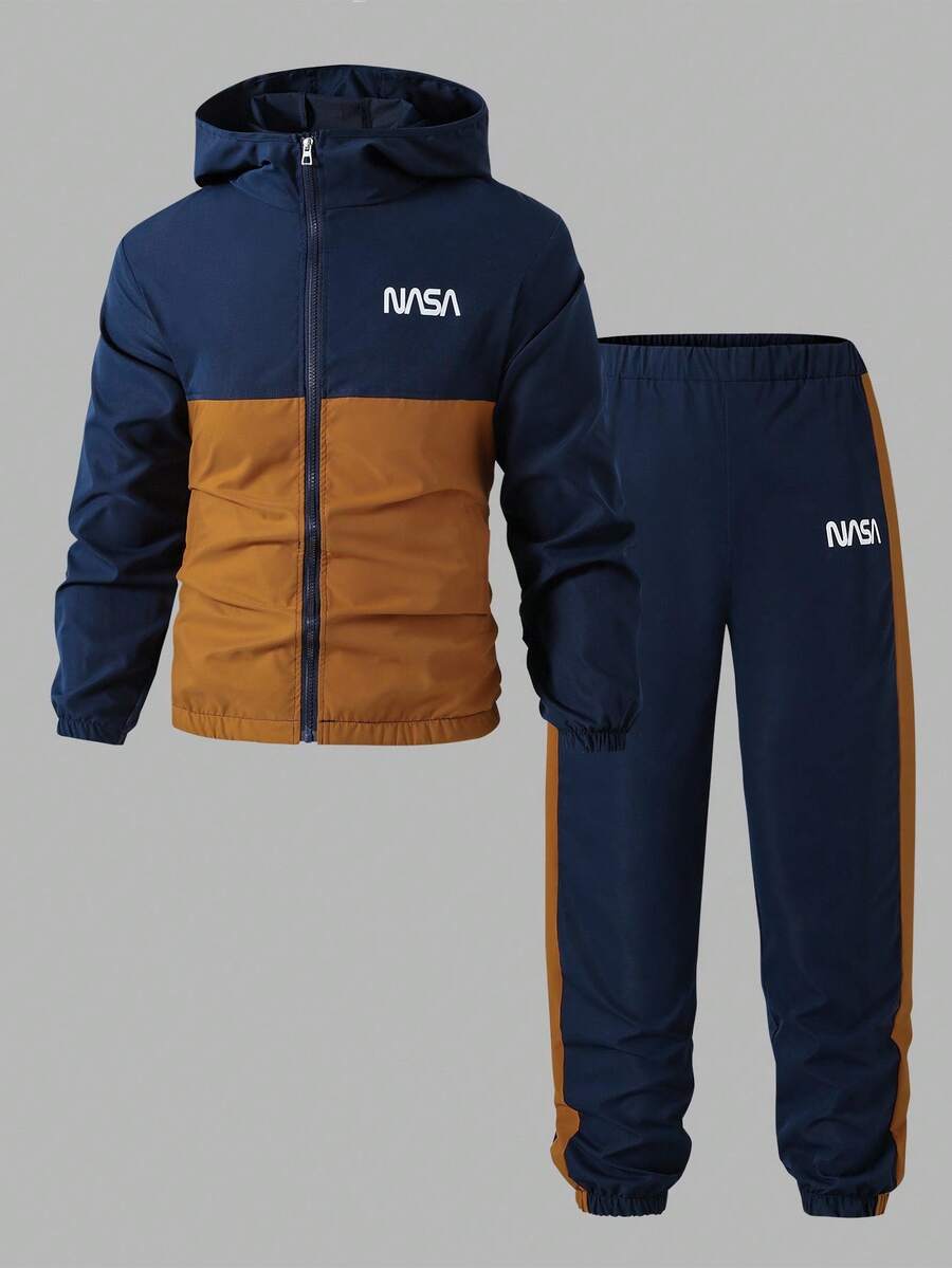 Vacaura 2pcs/Set Teen Boys Street Cool Hooded Jacket & Casual Pants Set, Navy Blue & Orange Patchwork, Zipper, Suitable For Teens/Students - Navy Blue - View 1