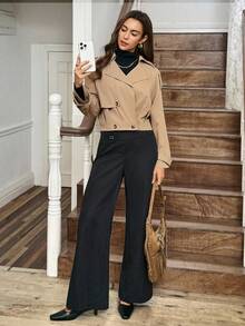 SHEIN LUNE 女士卡其色风衣外套，V领翻领，腰部褶裥设计，优雅教师风，适合感恩节、万圣节、秋冬季节穿着，时尚街头休闲外套 - 卡其色 - 查看 7