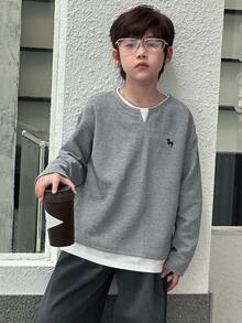 DAZY 青少年男孩独角兽印花长袖休闲二合一T恤，秋季 - 灰色 - 查看 3