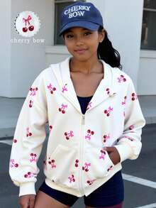 青少年女孩休闲百搭百搭甜美可爱樱桃图案连帽宽松口袋拉链夹克运动衫，秋冬秋季 - 白色 - 查看 1