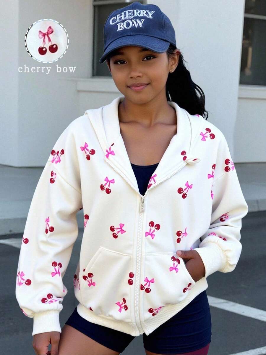 青少年女孩休闲百搭百搭甜美可爱樱桃图案连帽宽松口袋拉链夹克运动衫，秋冬秋季 - 白色 - 查看 1