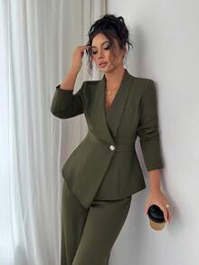 Elenzga 女士西装套装，西装面料，翻领，长袖，腰部收紧 A 字形不对称下摆，金属纽扣装饰，精致优雅，适合办公室、通勤、街头风格、法式浪漫、休闲、中东复古、下午茶、派对、感恩节、返校、春/秋/冬 - 軍綠色 - 查看 6