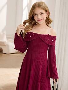 Vestido de punto acanalado con hombros descubiertos color borgoña con decoración de perlas falsas para niñas preadolescentes, adecuado para ir al trabajo, fiestas de noche y reuniones - Burdeos - Ver 6