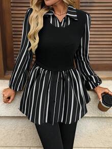 SHEIN LUNE 女士休闲条纹拼接二合一上衣，秋季