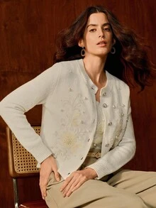 Anewsta 2pcs Off-White Knitted Set With Pearl Beaded & Lace Trim,Round Neck Elegant Autumn Outfit For Date Night,Wedding,Party,Chic Stylish Cozy For Winter - Apricot - View 3