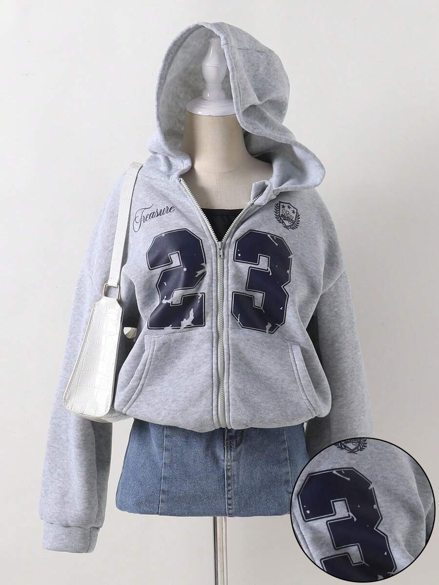 Sweetra Young Autumn/Winter Girls' Hooded Zip-Up Jacket With English Print - Contrast Letter Print Mix Street Style, Warm Knit Fabric Suitable For Autumn/Winter, Slightly Oversized Fit Allows Room For Growth, Energetic Campus & Street Style! - Grey - View 1