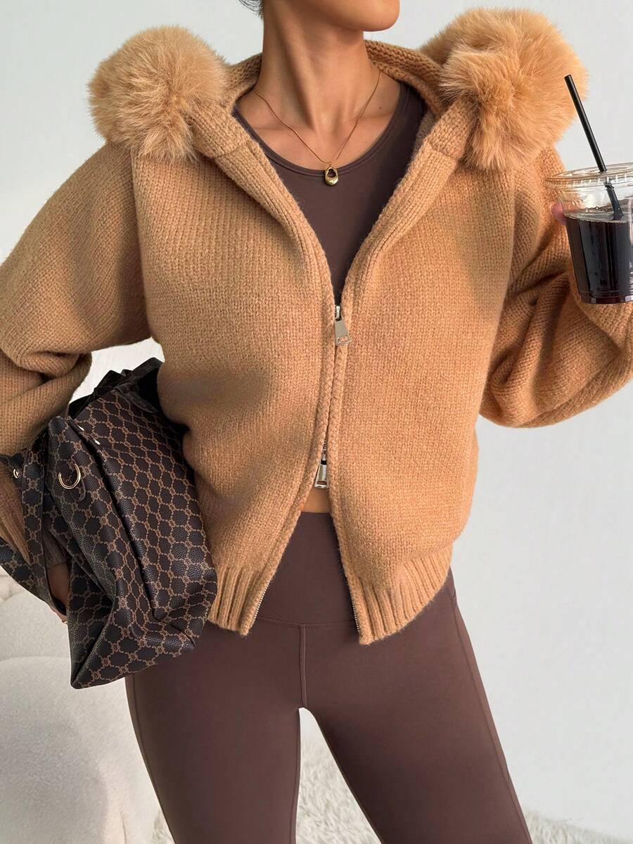 SHEIN Dewbera 女士仿毛领长袖连帽针织开衫，舒适棕色秋季开衫 - 卡其色 - 查看 1