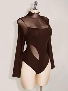 SHEIN ICON Plus Size Y2K Long Sleeve Mesh Patchwork Bodysuit, Sexy Mesh Bodysuit For Halloween, Halloween Costume, Autumn - Brown - View 4