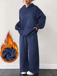 SHEIN EZwear 海军蓝加大码长袖连帽衫和裤子两件套 - 藏蓝色 - 查看 1
