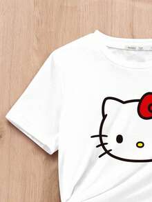 SHEIN Hello Kitty and Friends | Modeflare Wear Hallo Litty Cute Little Girl, Tween Girl Casual Minimalist Crew Neck Short Sleeve Pants Pajamas Set, Suitable For Summer, Parent-Child Activities, Sleepover Parties - Multicolor - View 4