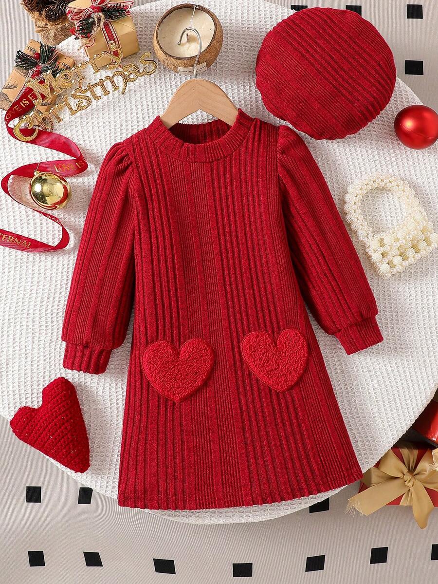 SHEIN Elladie kids 女孩新款毛绒心形修身长袖运动衫 - 酒紅色 - 查看 1