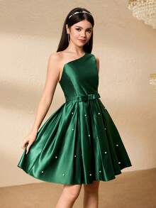 少女优雅腰部串珠下摆连衣裙，适合万圣节、圣诞节、派对、宴会、晚礼服 - 綠色 - 查看 5