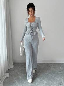 Selianne 2 件秋冬休闲新款灰色拉绒罗纹、甜美荷叶边饰前系带、褶皱荷叶边下摆长袖 T 恤 + 松紧腰阔腿裤套装，舒适休闲装 - 灰色 - 查看 6