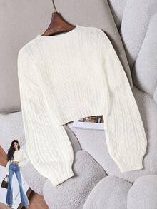 SHEIN Franclia 女士休闲时尚年轻简约百搭通勤圆领扭绳灯笼袖套头衫，秋冬 - 白色 - 查看 2