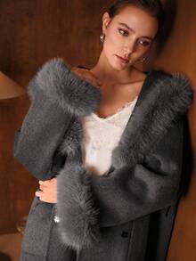 MOTF PREMIUM WOOL BELTED CONTRAST FAUX FUR OVERCOAT - Grey - View 7