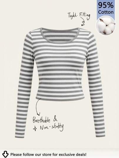 SHEIN EZwear Camisetas femininas listradas de gola redonda, casuais e versáteis, de cor sólida, 95% algodão, manga comprida, para primavera, outono e inverno, casuais, aconchegantes e chiques, justas e versáteis, outono/inverno, versáteis para uso diário, para ambientes internos e externos, vintage, para meninas, itens para passeios, para casa, de volta às aulas, roupas femininas de outono, versáteis, dinheiro antigo, dinheiro novo, presente