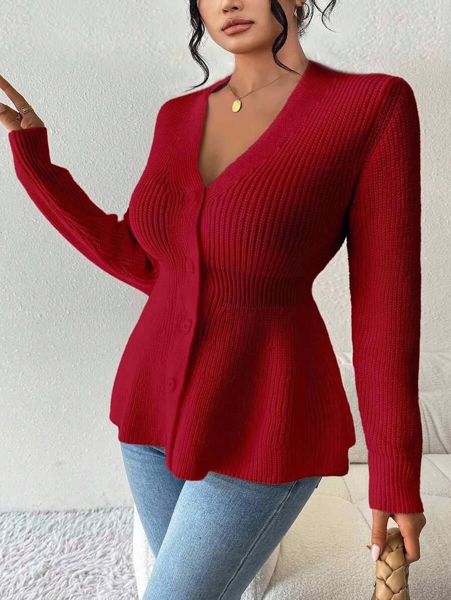Elenzga Áo khoác cardigan dáng ôm cổ chữ V đơn hàng thường ngày cỡ lớn cho nữ, màu trơn, thích hợp mặc khi đi làm hàng ngày, mùa thu/đông - Đỏ - Xem 1