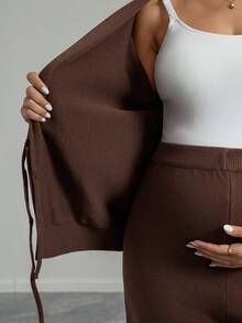 Momance 女士宽松针织套装，纯色上衣，前系带设计，秋冬开衫毛衣外套，纯色毛衣和裤子，孕妇毛衣套装 - 棕色 - 查看 8