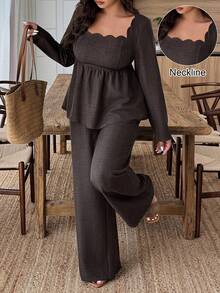 Weeklong 2pcs Set Square Neck Scalloped Hem Faux Linen Pants Suit