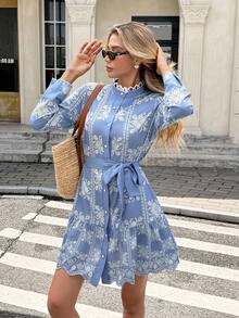 Serisse Váy ngắn thời trang tay dài họa tiết hoa, cài nút đơn, viền bèo nhún, thắt lưng cho nữ - Nhiều màu - Xem 3