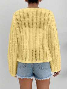 EURMUSE Cardigan décontracté de vacances en tricot à manches évasées, à nœud devant et ajouré, de couleur unie - Jaune citron - Voir 2