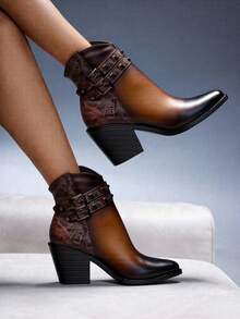 Botín estilo vaqueros de mujer, con diseño de moda, tacón bajo, ideal para cualquier ocasión. - Marrón - Ver 2