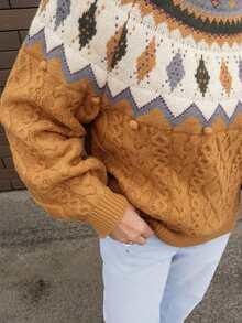 Vivie Lora 女士宽松圆领费尔岛风毛衣 - 黃色 - 查看 7