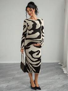 Momance Maternity Elegant Knitted Bodycon Dress With Graphic Print, Round Neck, Long Sleeve, Autumn/Winter