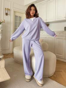 DAZY 女士秋冬二合一卫衣家居服套装睡衣秋季服装 - 紫色 - 查看 6