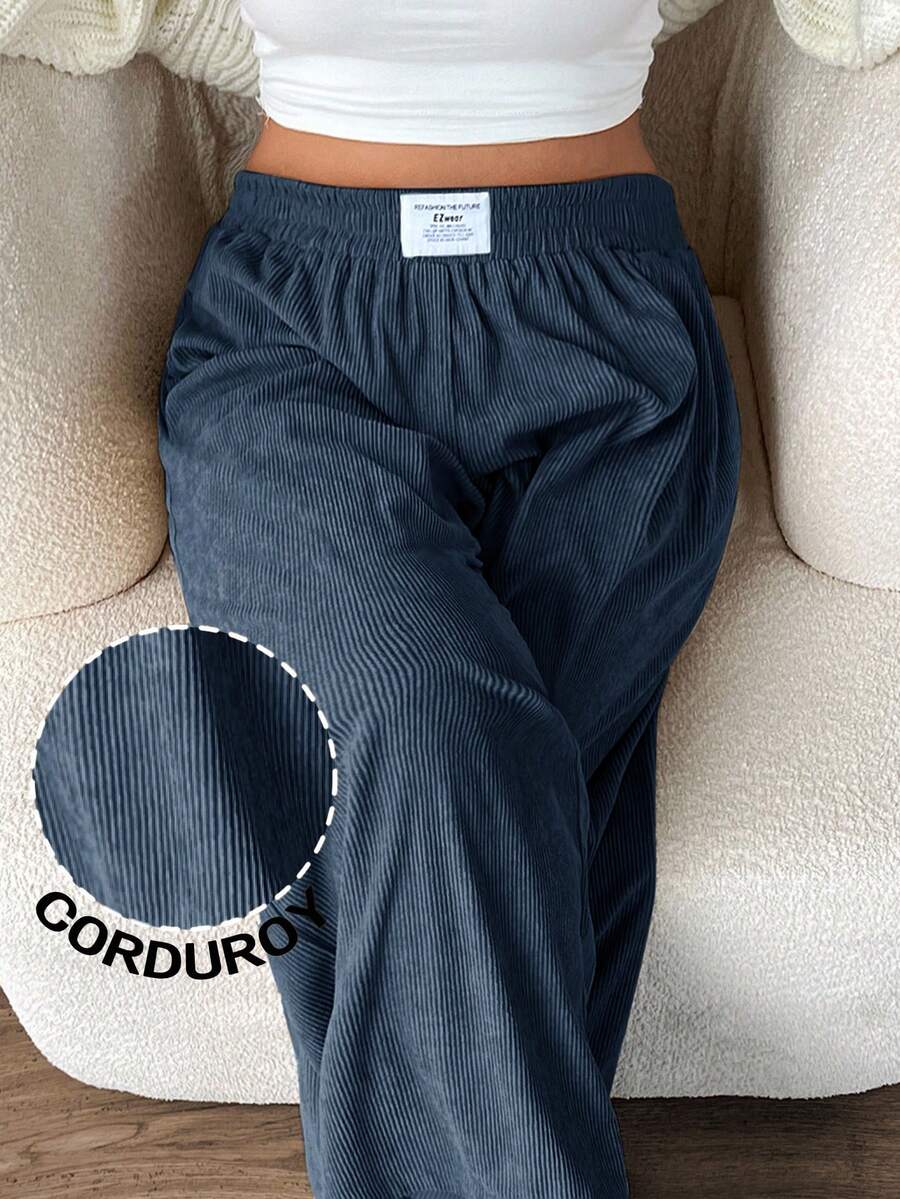 SHEIN EZwear Quần ống rộng cạp cao dáng rộng cỡ lớn dành cho nữ, chất liệu vải nỉ có túi và miếng vá, phù hợp mặc ở trường học, mặc hàng ngày, làm việc trong nhà, màu xanh nhạt, thu/đông - Màu xanh bụi bặm - Xem 1
