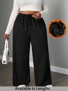 SHEIN PETITE CURVE Plus Size Women's Simple Front Tie Loose Sweatpants, Casual Daily Wear Fall Winter - Black - View 1