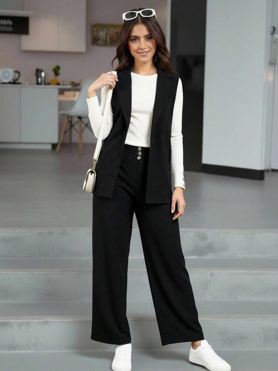 SHEIN 适合少女的 3 件套通勤优雅套装：黑色无袖西装外套、白色 T 恤、黑色裤子 - 黑色 - 查看 1