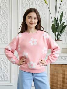 SHEIN Tween Girl 花卉印花圆领长袖毛衣，日常休闲 - 粉色 - 查看 4