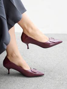 CUCCOO BIZCHIC Tacones altos de mujer con hebilla cuadrada negra, punta afilada, tacón de aguja medio, elegantes, casuales, minimalistas, cómodos, de fácil deslizamiento, para oficina y traslados, con estilo chic, adecuados para citas, trabajo y ocasiones formales - Burdeos - Ver 1