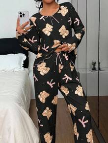 SHEIN Bow & Bear Print Jacquard Knit Long Sleeve Top & Pants Pajama Set Fall Winter Clothes - Black - View 4