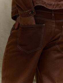 Musero Jeans rectos de hombre con detalles de costuras contrastantes, cierre con botones, para otoño, primavera y verano - Marrón - Ver 5