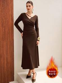 Modelyn Vestido elegante de manga larga ajustado con escote en V y calado, de moda y elegante, para otoño/invierno - Marrón - Ver 2