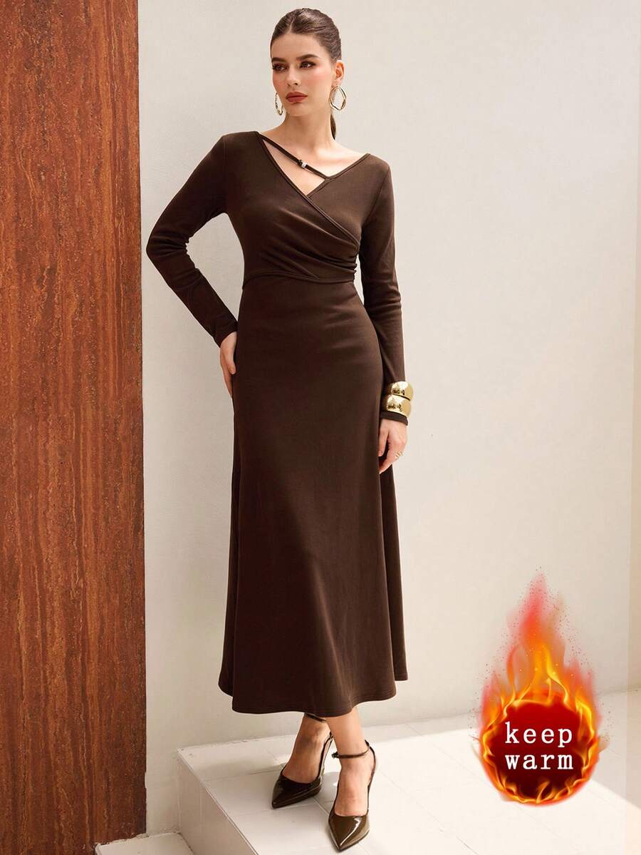 Modelyn Vestido elegante de manga larga ajustado con escote en V y calado, de moda y elegante, para otoño/invierno