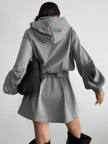 Modelyn 韩版休闲优雅时尚连帽卫衣连衣裙，秋冬 - 灰色 - 查看 3