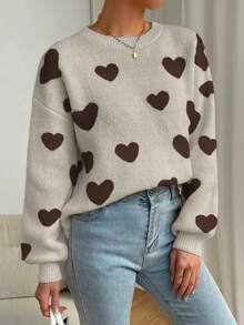 EMERY ROSE Heart Pattern Dropped Shoulder Sweater, Casual For Autumn/Winter