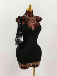 Amplova 别致豹纹网眼拼布细肩带甜心胸围交叉后背性感迷你紧身连衣裙 - 黑色 - 查看 6