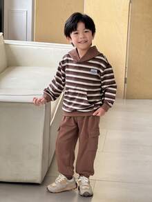 SHEIN Young Boys' Casual Khaki Striped Hoodie Sweatshirt And Drawstring Jogger Pants Set - Multicolor - View 7