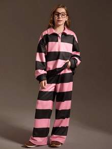 SHEIN Tween-Mädchen 2-teiliges Outfit, gestreiftes Sweatshirt mit lockerem Kragen und lockerer, lässiger Jogginghose, lässiges Herbst-/Winter-Farbblocking in Pink und Kaffee, weich und bequem für den Alltag - Pink - Übersicht 1