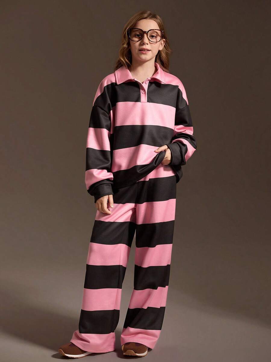 SHEIN Tween-Mädchen 2-teiliges Outfit, gestreiftes Sweatshirt mit lockerem Kragen und lockerer, lässiger Jogginghose, lässiges Herbst-/Winter-Farbblocking in Pink und Kaffee, weich und bequem für den Alltag - Pink - Übersicht 1