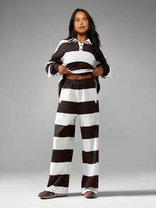 MISSGUIDED Women Striped Rugby Polo Two Piece Matching Outfit Casual Loungewear Coordinates Fall Winter Set - Brown - View 5
