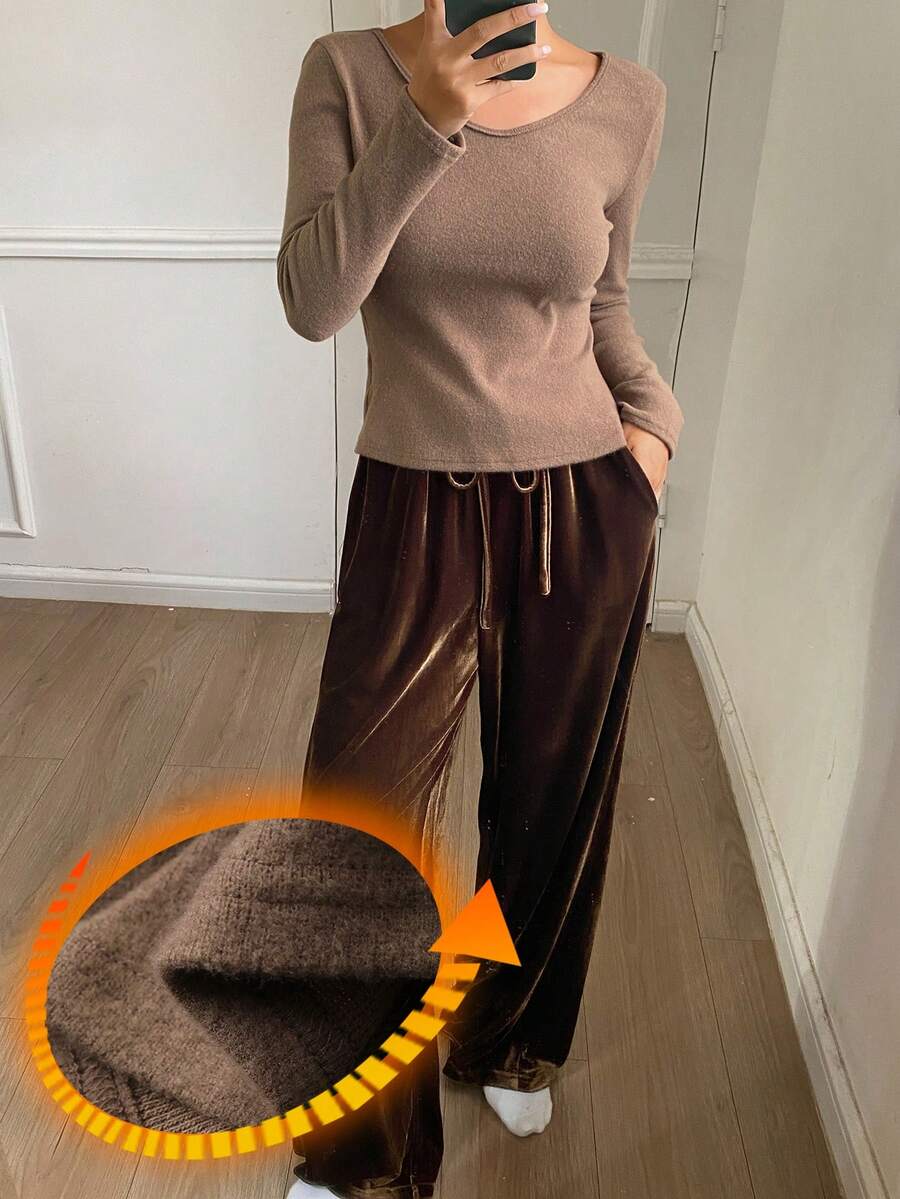 DAZY 女士极简主义抓绒针织上衣和磨毛休闲裤睡衣套装,秋冬季,舒适保暖 - 咖啡棕 - 查看 1