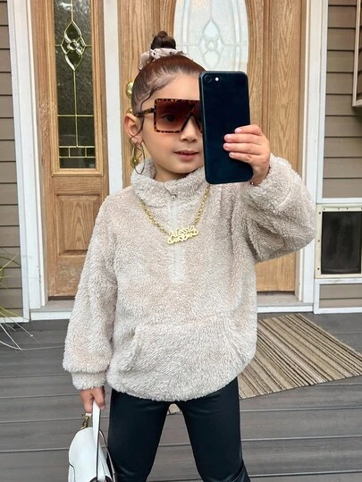 SHEIN Young Girl Solid Color Fluffy Stand Collar Casual Sweatshirt Autumn Winter Clothes For Girl