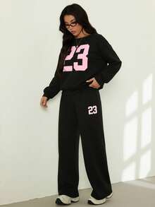SHEIN PETITE 2pcs/Set Women Casual Numeric Print Long Sleeve Top And Long Pants Set,Cozy Fall And Winter Clothes For Women - Black - View 4