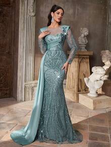 Aureia 优雅、浪漫、庄重、奢华的蓝色亮片面料，缎面拼布，长袖，褶饰，鱼尾下摆，拖尾，时尚，节日，度假，生日派对，婚礼活动，正式晚礼服（豪华版） - 藍色 - 查看 3